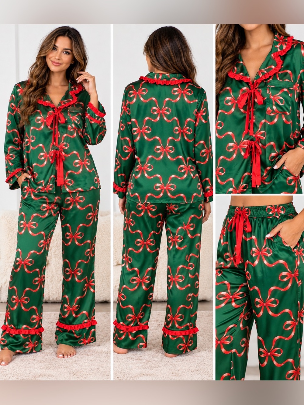 ​Peach Love California Green Satin Pajama Set Red Bow Print Holiday Large